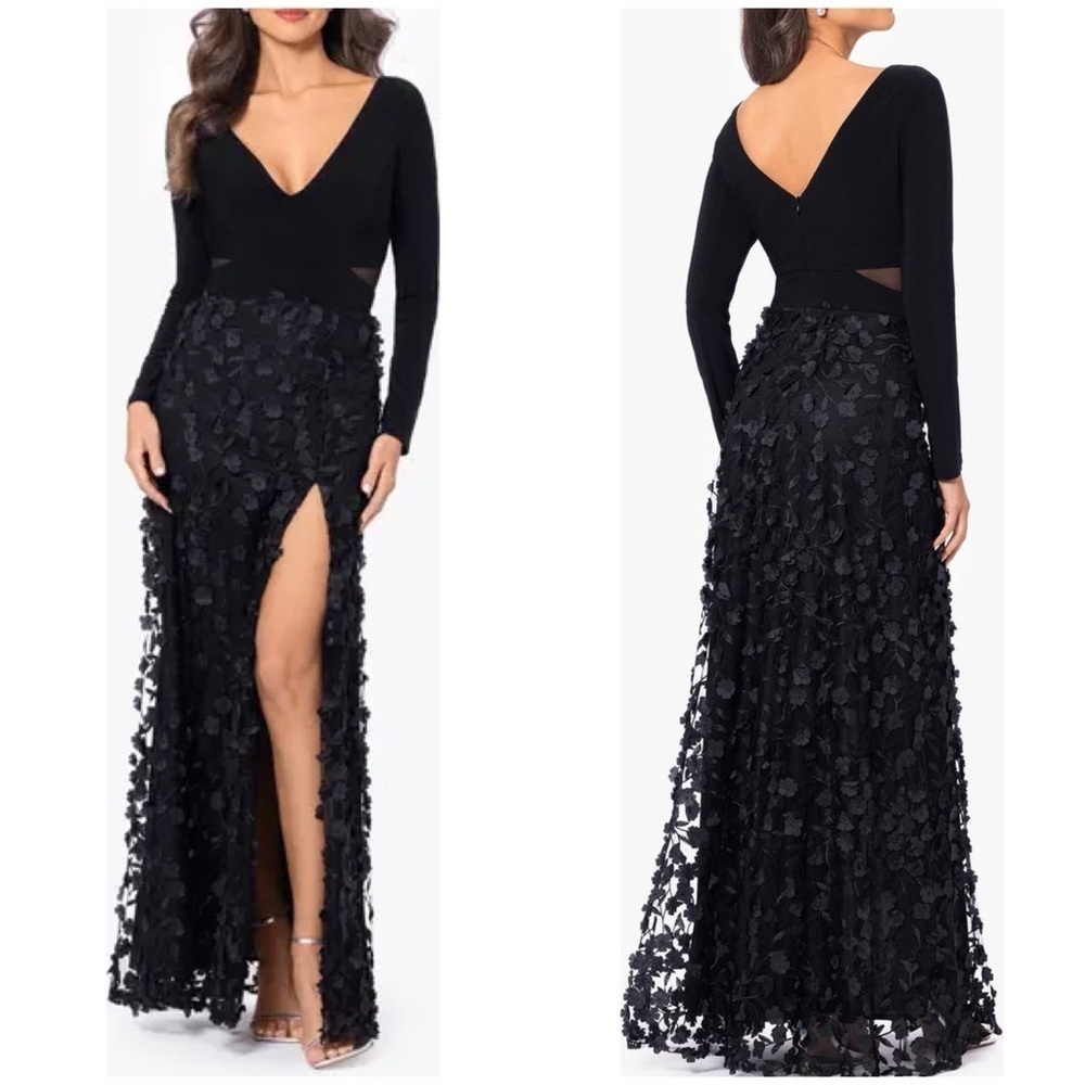 NWT Xscape Aurora 3D Floral Mesh Cutout Long Sleeve Gown Black Sz 4